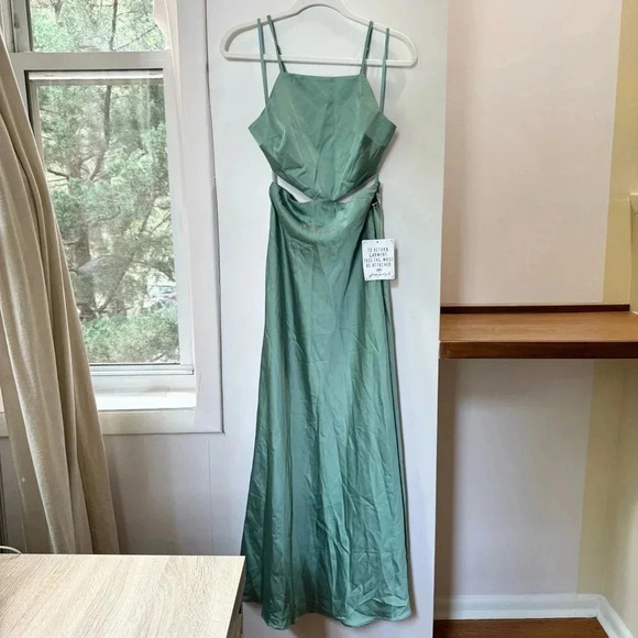 NWT Free People Fame And Partners Liv Satin Maxi Dress Cutout Blue Green - Picture 6 of 16